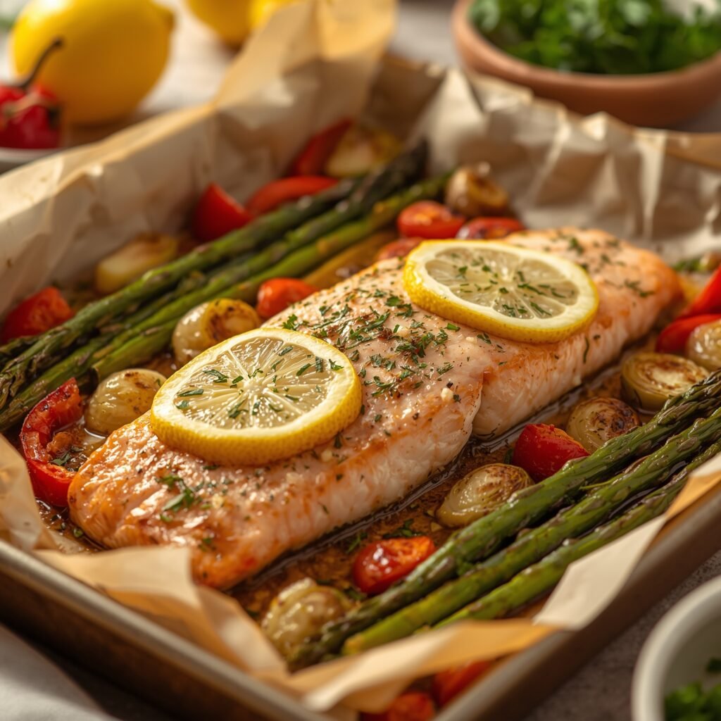 Lemon Garlic Salmon Tray Bake