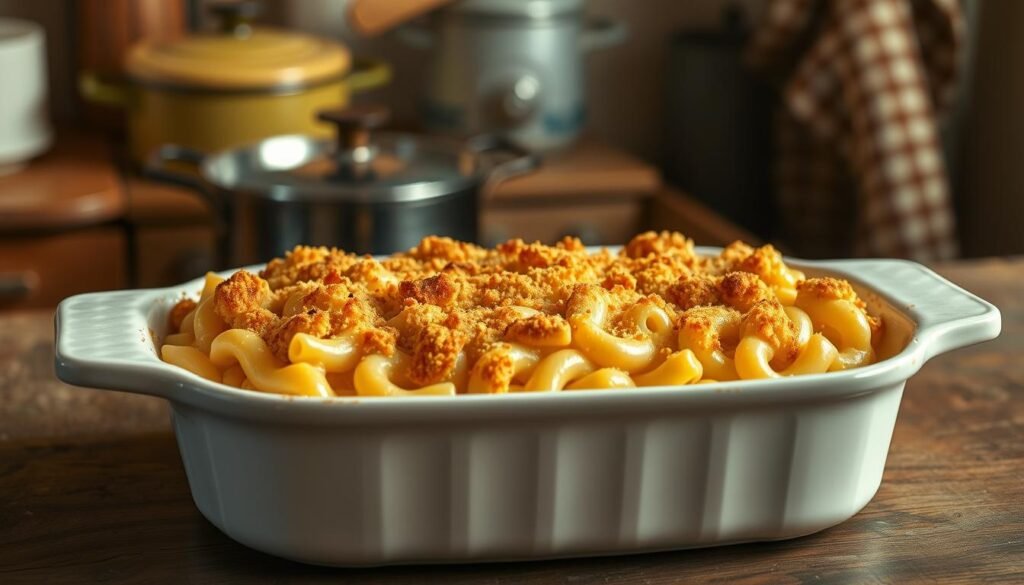 A baked casserole dish filled with rich, creamy macaroni and cheese, its golden-brown crust glistening under warm, soft lighting. The foreground features the steaming, gooey cheese sauce enveloping al dente macaroni noodles, topped with a generous layer of crisp, buttery breadcrumbs. In the middle ground, a classic white ceramic baking dish sits atop a worn, wooden table, its edges slightly chipped, evoking a nostalgic, homemade quality. The background fades into a cozy, rustic kitchen setting, with glimpses of vintage cookware and a worn, checkered towel hanging nearby, creating an atmosphere of comforting, old-fashioned charm. A baked casserole dish filled with rich, creamy macaroni and cheese, its golden-brown crust glistening under warm, soft lighting. The foreground features the steaming, gooey cheese sauce enveloping al dente macaroni noodles, topped with a generous layer of crisp, buttery breadcrumbs. In the middle ground, a classic white ceramic baking dish sits atop a worn, wooden table, its edges slightly chipped, evoking a nostalgic, homemade quality. The background fades into a cozy, rustic kitchen setting, with glimpses of vintage cookware and a worn, checkered towel hanging nearby, creating an atmosphere of comforting, old-fashioned charm.