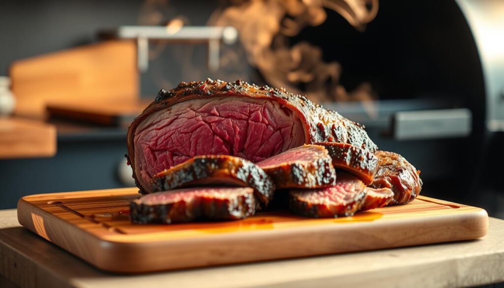A beautifully lit, high-resolution image of a perfectly rested and carved sirloin tip roast on a wooden cutting board, showcased against a backdrop of a pellet grill with a gentle smoke plume. The roast is sliced to reveal its juicy, pink interior, with a crisp, caramelized exterior. The lighting casts warm, golden tones, highlighting the delicate textures and inviting the viewer to savor the moment. The composition is balanced, with the roast centered and the pellet grill in the background, creating a sense of culinary mastery and attention to detail.