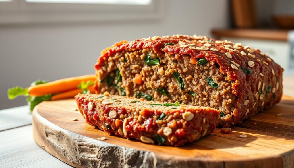 A beautifully lit, high-resolution photograph of a freshly baked meatloaf made with lean ground beef, oats, shredded carrots, chopped spinach, and seasonings, presented on a rustic wooden cutting board. The meatloaf is sliced, revealing a juicy, tender interior with visible veggie pieces. The background features a clean, minimalist kitchen setting with natural lighting filtering in from a window, casting a warm, inviting glow on the dish. The overall composition highlights the healthier, homemade nature of this meatloaf recipe.