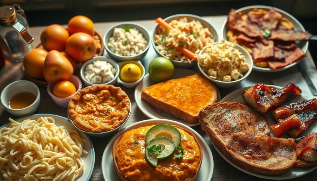 A beautifully lit overhead shot of an artfully arranged still life featuring a selection of classic dishes that start with the letter A. In the foreground, a creamy Alfredo pasta dish, a golden-brown apple pie, and a savory serving of avocado toast. In the middle ground, a bowl of fresh apples, a steaming bowl of aromatic ambrosia salad, and a sizzling plate of crispy bacon. The background is softly blurred, hinting at additional appetizing options like aromatic Asian-inspired fare and alluring appetizers. The lighting is warm and inviting, highlighting the rich colors and textures of the enticing edibles. This visually captivating composition perfectly encapsulates the diverse and delectable world of dishes that begin with the letter A.
