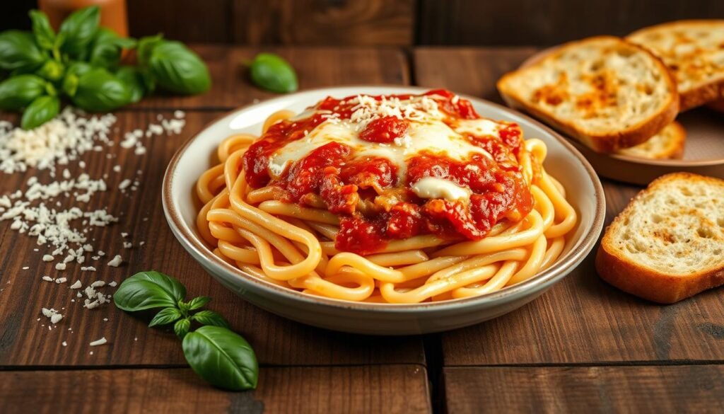 A beautifully presented baked ziti dish set against a rustic wooden table, with fresh basil, grated parmesan, and a side of crusty garlic bread. The ziti is layered with a rich tomato sauce, creamy ricotta, and melted mozzarella, creating a mouthwatering centerpiece. Soft, indirect lighting casts a warm glow, highlighting the dish's inviting textures and colors. The scene evokes a cozy, homemade Italian meal, perfect for a family gathering or intimate dinner party. A beautifully presented baked ziti dish set against a rustic wooden table, with fresh basil, grated parmesan, and a side of crusty garlic bread. The ziti is layered with a rich tomato sauce, creamy ricotta, and melted mozzarella, creating a mouthwatering centerpiece. Soft, indirect lighting casts a warm glow, highlighting the dish's inviting textures and colors. The scene evokes a cozy, homemade Italian meal, perfect for a family gathering or intimate dinner party.