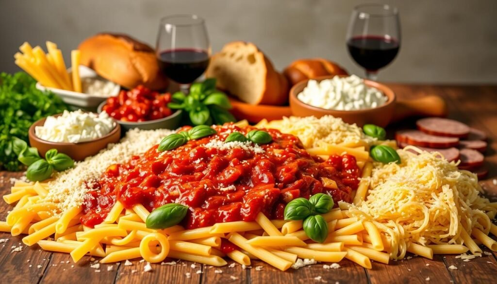 A bountiful assortment of Maggiano's signature baked ziti ingredients arranged on a rustic wooden surface, illuminated by warm, natural lighting. In the foreground, freshly cooked pasta noodles, creamy ricotta, and tangy marinara sauce create a visually appetizing display. Scattered around are grated parmesan cheese, fragrant fresh basil leaves, and sliced Italian sausage, inviting the viewer to imagine the flavors and textures of this beloved dish. The middle ground features a selection of crusty Italian bread and a glass of red wine, hinting at the perfect pairing for this comforting, homestyle meal. The background softly fades into a neutral, but cozy atmosphere, allowing the vibrant colors and textures of the ingredients to take center stage. A bountiful assortment of Maggiano's signature baked ziti ingredients arranged on a rustic wooden surface, illuminated by warm, natural lighting. In the foreground, freshly cooked pasta noodles, creamy ricotta, and tangy marinara sauce create a visually appetizing display. Scattered around are grated parmesan cheese, fragrant fresh basil leaves, and sliced Italian sausage, inviting the viewer to imagine the flavors and textures of this beloved dish. The middle ground features a selection of crusty Italian bread and a glass of red wine, hinting at the perfect pairing for this comforting, homestyle meal. The background softly fades into a neutral, but cozy atmosphere, allowing the vibrant colors and textures of the ingredients to take center stage.
