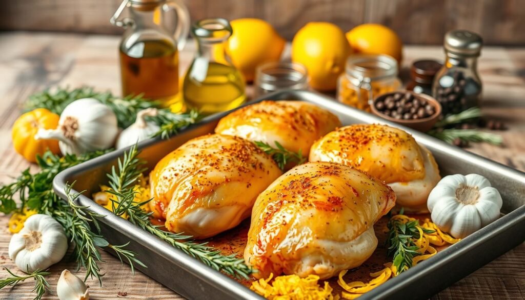 A bountiful assortment of fresh, high-quality ingredients for delectable oven-baked chicken breast with bone. In the foreground, a tray of seasoned chicken breasts with crisp golden-brown skin, surrounded by a vibrant medley of herbs and spices - fragrant rosemary, fragrant thyme, robust garlic, and zesty lemon zest. In the middle ground, an array of culinary essentials: juicy lemons, a gleaming glass jar of olive oil, and a selection of aromatic peppercorns. The background features a rustic wooden surface, accentuated by soft, warm lighting that casts a gentle glow, evoking a cozy, homemade ambiance. The overall composition emphasizes the mouthwatering allure of the essential ingredients for creating a deliciously baked chicken breast dish.