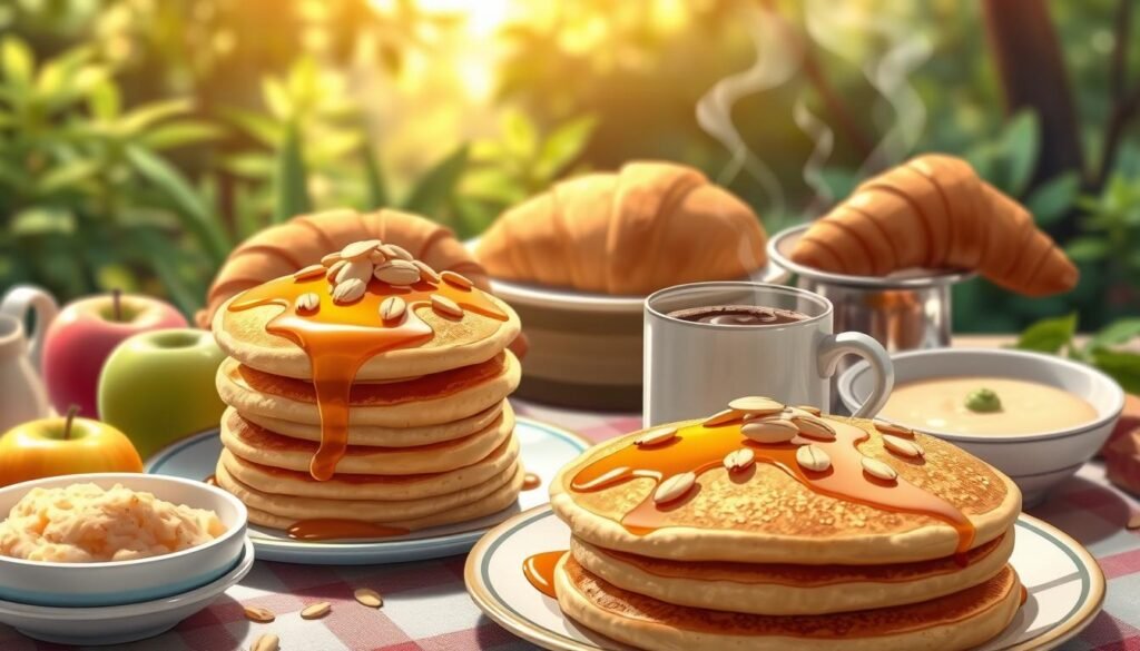 A bountiful breakfast spread featuring a variety of appetizing AM foods. In the foreground, a stack of golden-brown, fluffy American pancakes topped with a drizzle of maple syrup and a sprinkle of toasted almonds. Beside them, a plate of juicy, ripe apples and a bowl of creamy, homemade applesauce. In the middle ground, a steaming mug of aromatic, freshly brewed amaretto coffee, accompanied by a flaky, buttery croissant. The background is adorned with a lush, natural setting, with the warm, soft lighting casting a cozy, inviting glow over the entire scene.