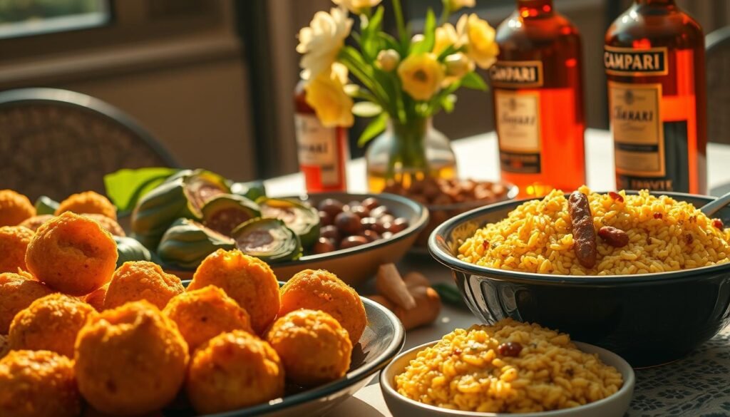 A bountiful spread of classic Italian AM foods, bathed in warm Mediterranean light. In the foreground, a platter of crisp golden arancini balls, their tantalizing saffron hues drawing the eye. Beside them, a vibrant antipasto of marinated artichoke hearts, their emerald green leaves glistening. In the middle ground, a hearty bowl of creamy risotto alla milanese, its golden saffron grains flecked with tender morsels of spicy 'nduja sausage. In the background, a table set with a lace tablecloth, a vase of fragrant amaryllis blooms, and a vintage Campari bottle, casting a rich, amber glow across the scene. An evocative, mouthwatering tableau of the best of Italian AM cuisine.