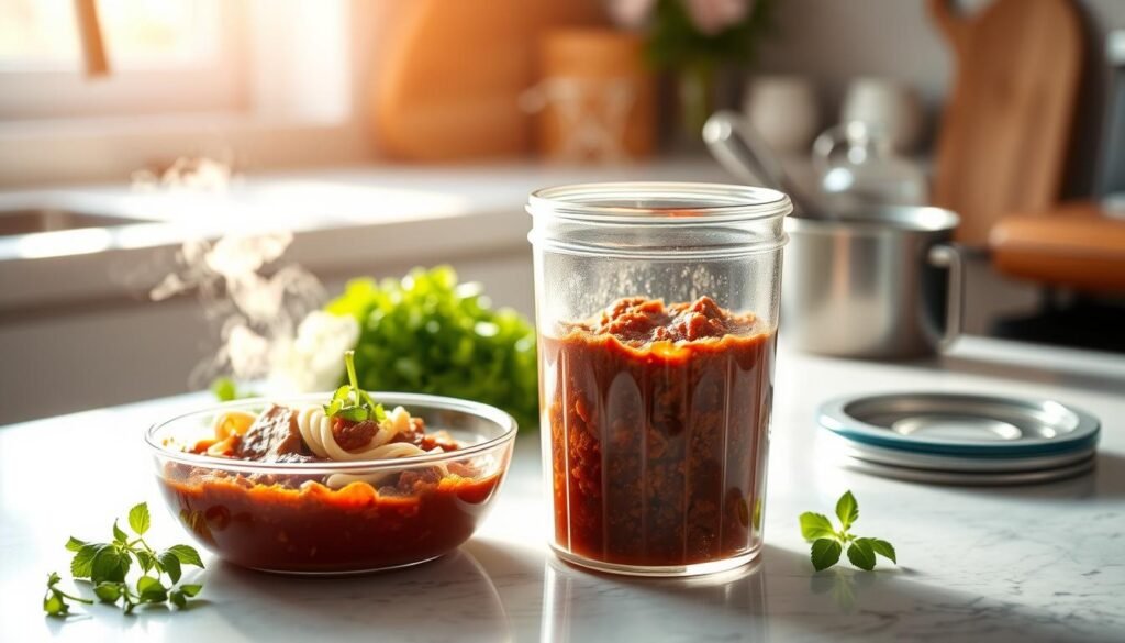 A brightly lit kitchen counter, the surface filled with a steaming bowl of brisket bolognese, fresh herbs, and a glass container ready to store the leftover pasta sauce. The scene is bathed in warm, natural light from a nearby window, casting a soft glow on the textures of the ingredients. The glass container, with its clean lines and transparent walls, stands as the focal point, inviting the viewer to imagine the flavorful brisket bolognese being carefully portioned and preserved for future enjoyment. The overall mood is one of comfort, nourishment, and the care taken in preparing a hearty, homemade meal. A brightly lit kitchen counter, the surface filled with a steaming bowl of brisket bolognese, fresh herbs, and a glass container ready to store the leftover pasta sauce. The scene is bathed in warm, natural light from a nearby window, casting a soft glow on the textures of the ingredients. The glass container, with its clean lines and transparent walls, stands as the focal point, inviting the viewer to imagine the flavorful brisket bolognese being carefully portioned and preserved for future enjoyment. The overall mood is one of comfort, nourishment, and the care taken in preparing a hearty, homemade meal.