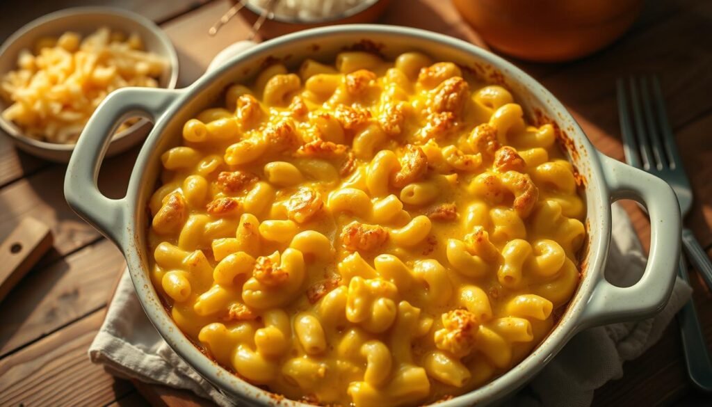 A classic, old-fashioned baked macaroni and cheese, fresh from the oven. The golden-brown, bubbly top reveals a creamy, cheesy interior with al dente elbow macaroni noodles. Soft, shredded cheddar cheese blends seamlessly with a rich, velvety béchamel sauce, creating a comforting, homemade dish. The scene is bathed in warm, natural lighting, casting a gentle glow and highlighting the tempting textures. The baking dish sits on a rustic wooden table, surrounded by simple kitchen utensils, evoking a nostalgic, timeless atmosphere. This image perfectly captures the essence of traditional, homestyle baked macaroni and cheese, ready to be savored and enjoyed. A classic, old-fashioned baked macaroni and cheese, fresh from the oven. The golden-brown, bubbly top reveals a creamy, cheesy interior with al dente elbow macaroni noodles. Soft, shredded cheddar cheese blends seamlessly with a rich, velvety béchamel sauce, creating a comforting, homemade dish. The scene is bathed in warm, natural lighting, casting a gentle glow and highlighting the tempting textures. The baking dish sits on a rustic wooden table, surrounded by simple kitchen utensils, evoking a nostalgic, timeless atmosphere. This image perfectly captures the essence of traditional, homestyle baked macaroni and cheese, ready to be savored and enjoyed.