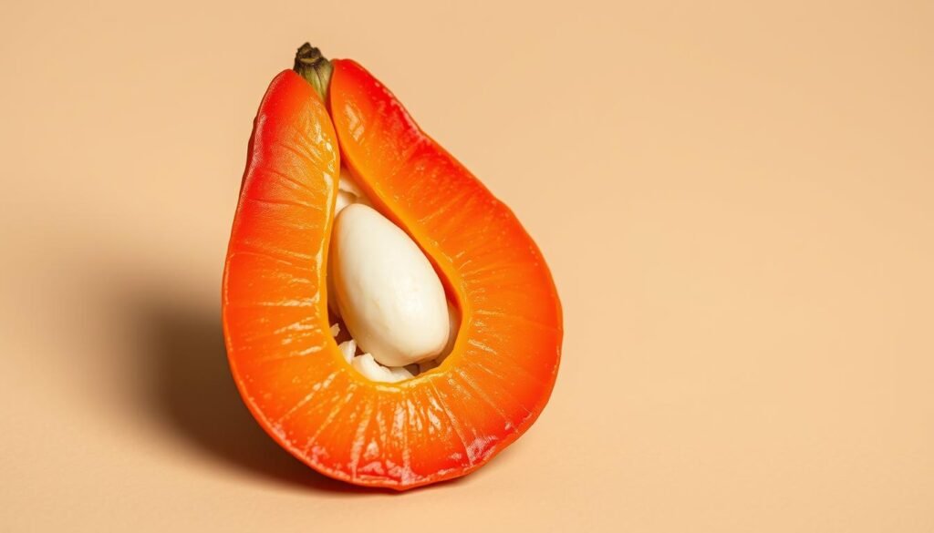 A close-up, high-resolution photograph of a freshly picked cashew fruit, showcasing its unique teardrop shape and vibrant red-orange hue. The fruit is positioned on a plain, neutral-colored backdrop, allowing its natural beauty to take center stage. Gentle, soft lighting from the side illuminates the fruit's intricate texture and accentuates its glossy, almost translucent skin. The image is crisp, in focus, and captures the fruit's nutritional value by highlighting its various parts, such as the fleshy exterior, the cashew nut, and the edible, fibrous stem. The overall mood is one of natural elegance and appetite appeal, inviting the viewer to explore the unexpected benefits of this tropical delight. A close-up, high-resolution photograph of a freshly picked cashew fruit, showcasing its unique teardrop shape and vibrant red-orange hue. The fruit is positioned on a plain, neutral-colored backdrop, allowing its natural beauty to take center stage. Gentle, soft lighting from the side illuminates the fruit's intricate texture and accentuates its glossy, almost translucent skin. The image is crisp, in focus, and captures the fruit's nutritional value by highlighting its various parts, such as the fleshy exterior, the cashew nut, and the edible, fibrous stem. The overall mood is one of natural elegance and appetite appeal, inviting the viewer to explore the unexpected benefits of this tropical delight.