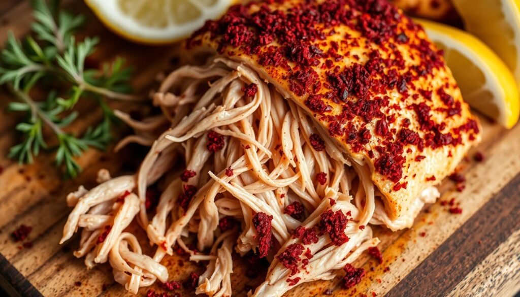 A close-up photo of a succulent, golden-brown pulled chicken breast, its fibers gently separated and coated with a vibrant reddish-purple sumac spice blend. The dish is presented on a rustic wooden cutting board, with a few fresh sprigs of herbs and lemon wedges adding a touch of brightness. The lighting is soft and warm, casting gentle shadows that accentuate the texture and juiciness of the meat. The overall composition is simple yet elegant, focusing the viewer's attention on the star of the dish - the delectable pulled sumac chicken.