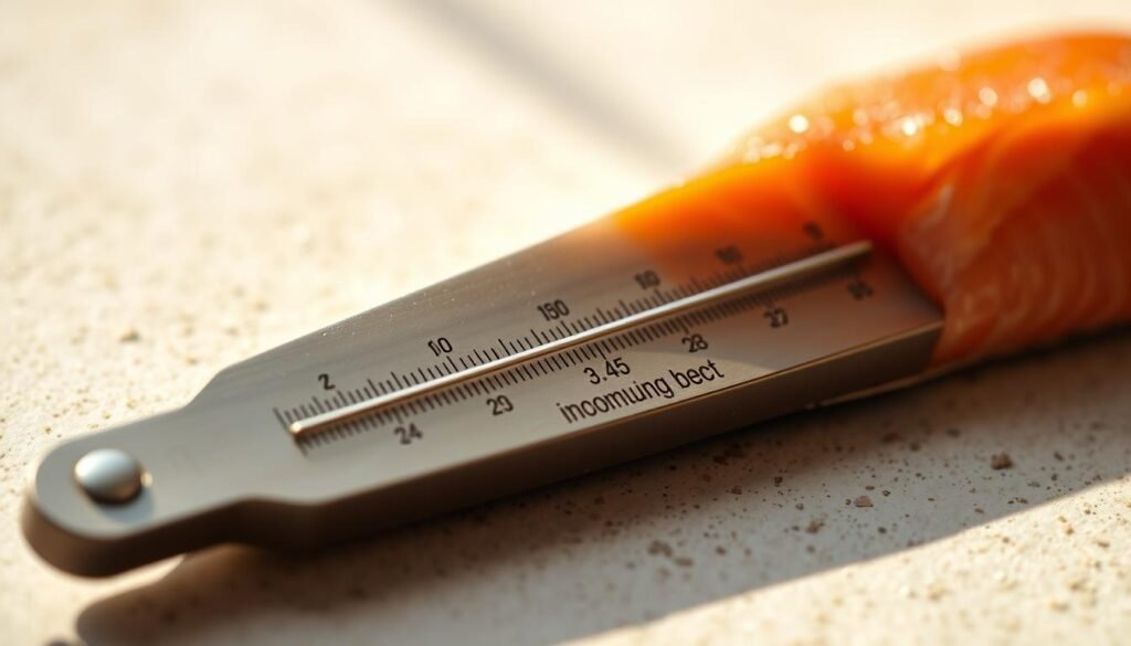 A close-up photograph of a temperature guide for smoking salmon, shot with a high-resolution DSLR camera and prime lens. The guide is made of metal or wood, with precise temperature markings and a sleek, minimalist design. The background is a neutral, soft-focus surface, allowing the temperature guide to be the sole focus of the image. The lighting is warm and natural, casting gentle shadows that accentuate the tactile details of the guide. The overall mood is one of precision, functionality, and the art of creating perfectly smoked salmon. A close-up photograph of a temperature guide for smoking salmon, shot with a high-resolution DSLR camera and prime lens. The guide is made of metal or wood, with precise temperature markings and a sleek, minimalist design. The background is a neutral, soft-focus surface, allowing the temperature guide to be the sole focus of the image. The lighting is warm and natural, casting gentle shadows that accentuate the tactile details of the guide. The overall mood is one of precision, functionality, and the art of creating perfectly smoked salmon.