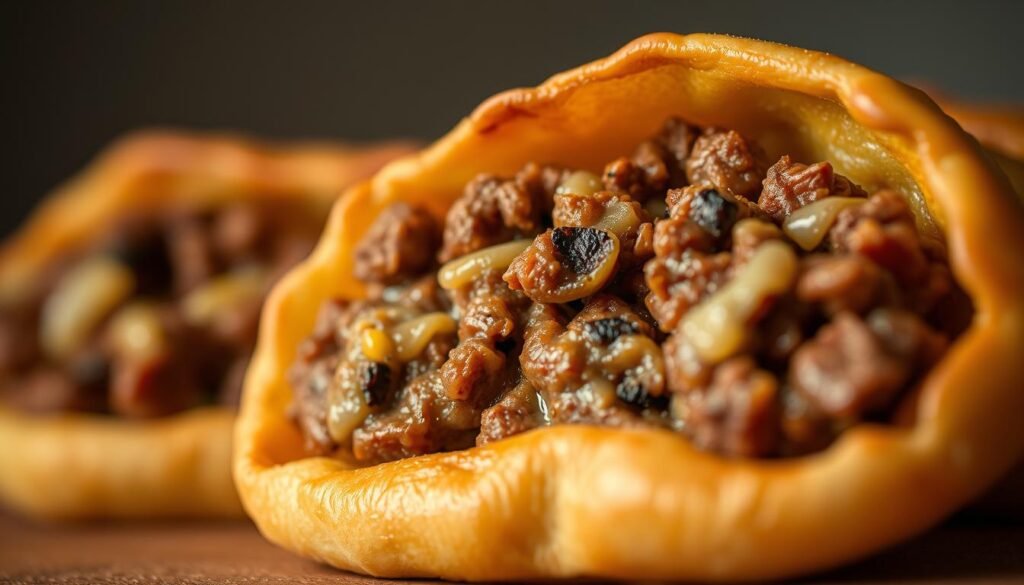 A close-up shot of a freshly made piroshki filling, showcasing a tempting blend of tender beef, melted cheese, and aromatic spices. The filling is nestled in a soft, golden-brown pastry crust, its layers glistening under the warm, diffused lighting. The foreground is in sharp focus, allowing the viewer to appreciate the texture and richness of the filling. The background is softly blurred, creating a sense of depth and emphasizing the filling as the central subject. The overall composition evokes a homemade, comforting atmosphere, inviting the viewer to imagine the delicious flavors and aromas of this classic Russian delicacy.