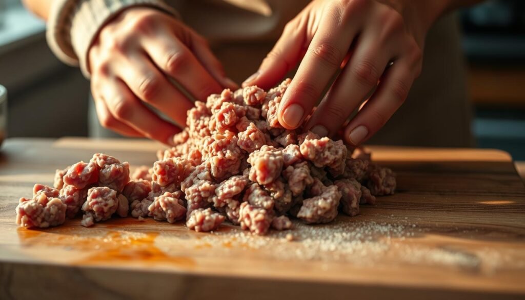 A close-up shot of a person's hands gently kneading and working a mound of freshly ground lamb on a wooden cutting board. The warm, natural lighting casts a soft glow, highlighting the rich, earthy color of the meat. The hands move with care and precision, expertly manipulating the lamb to prepare it for cooking. The background is blurred, keeping the focus on the intimate, hands-on process of handling the ground meat. The scene conveys a sense of culinary expertise and the joy of working with quality, locally-sourced ingredients.