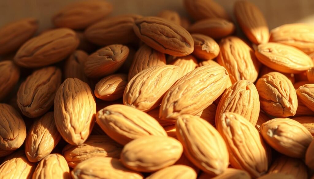 A close-up shot of a pile of fresh, whole almonds, illuminated by warm, natural lighting. The almonds are positioned against a neutral, slightly blurred background, allowing the textural details of the nuts to take center stage. The lighting casts gentle shadows, accentuating the shapes and contours of the individual almonds. The image exudes a sense of simplicity, wholesomeness, and nutritional value, inviting the viewer to appreciate the beauty and goodness of this versatile, healthy snack.