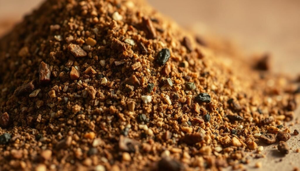 A close-up shot of a pile of umami seasoning, a savory and deeply flavored blend of dried mushrooms, seaweed, soy sauce, and other umami-rich ingredients. The seasoning appears freshly ground, with visible flecks and particles capturing the complex textures. The lighting is soft and diffuse, creating a warm, earthy tone that enhances the natural colors of the seasoning. The background is a neutral, muted tone, allowing the seasoning to be the focal point. The overall composition is balanced and visually appealing, showcasing the unique and flavorful nature of this versatile seasoning.
