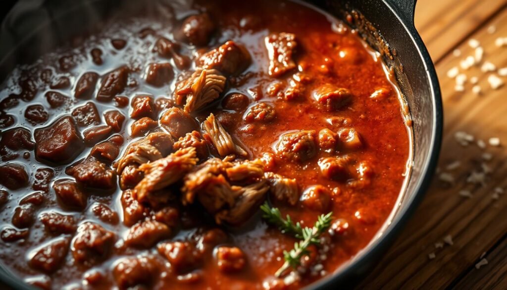 A close-up shot of a rich, velvety brisket bolognese sauce simmering in a cast iron pan. The sauce has a deep, reddish-brown hue and is dotted with bits of tender, shredded brisket. Steam rises gently, creating a cozy, inviting atmosphere. The pan is placed on a wooden table, with a few sprigs of fresh thyme and a sprinkle of grated parmesan cheese adding color and texture to the scene. Soft, warm lighting casts a gentle glow, highlighting the sauce's glossy, enticing appearance. The overall mood is one of comfort, hearty satisfaction, and the allure of a dish that has been lovingly prepared with time and care. A close-up shot of a rich, velvety brisket bolognese sauce simmering in a cast iron pan. The sauce has a deep, reddish-brown hue and is dotted with bits of tender, shredded brisket. Steam rises gently, creating a cozy, inviting atmosphere. The pan is placed on a wooden table, with a few sprigs of fresh thyme and a sprinkle of grated parmesan cheese adding color and texture to the scene. Soft, warm lighting casts a gentle glow, highlighting the sauce's glossy, enticing appearance. The overall mood is one of comfort, hearty satisfaction, and the allure of a dish that has been lovingly prepared with time and care.