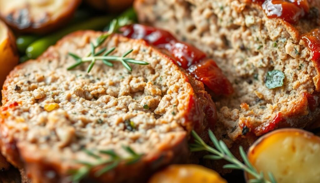 A close-up shot of a slice of freshly baked meatloaf, the surface golden brown and glistening with a tantalizing glaze. The cross-section reveals a juicy, tender interior flecked with herbs and spices. Surrounding the meatloaf are neatly arranged garnishes, such as roasted potatoes, crisp green beans, and a sprig of fresh thyme, creating a visually appealing and appetizing presentation. The lighting is soft and warm, casting gentle shadows and highlighting the delectable textures. The composition is balanced, drawing the viewer's attention to the star of the dish - the perfect meatloaf recipe.