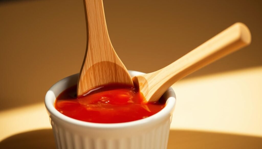 A close-up shot of a small, white ceramic bowl filled with rich, vibrant red marinara sauce. The sauce glistens under warm, soft lighting, casting subtle shadows. In the foreground, two wooden serving spoons emerge from the sauce, their natural tones contrasting beautifully. The background is a simple, minimalist setting, allowing the sauce to be the focal point. The overall mood is inviting, mouthwatering, and designed to showcase the delectable marinara sauce in an appetizing manner, perfect for illustrating tips for serving Little Caesars' signature dipping sauce. A close-up shot of a small, white ceramic bowl filled with rich, vibrant red marinara sauce. The sauce glistens under warm, soft lighting, casting subtle shadows. In the foreground, two wooden serving spoons emerge from the sauce, their natural tones contrasting beautifully. The background is a simple, minimalist setting, allowing the sauce to be the focal point. The overall mood is inviting, mouthwatering, and designed to showcase the delectable marinara sauce in an appetizing manner, perfect for illustrating tips for serving Little Caesars' signature dipping sauce.