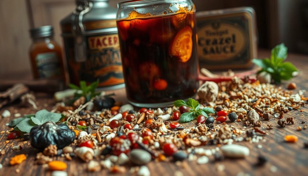 A close-up shot of a wooden table, its surface covered in a variety of mysterious ingredients for a secret "crazy sauce." In the foreground, an assortment of spices, herbs, and condiments lay scattered, their vibrant colors and textures creating a visually captivating display. The middle ground features a glass jar filled with a deep, rich liquid, its contents swirling and bubbling, hinting at the complex flavors within. In the background, a vintage metal tin, its worn exterior adding a touch of character, stands as a testament to the time-honored tradition of this unique sauce. The lighting is soft and warm, casting a cozy, inviting atmosphere, and the angle is slightly tilted, adding a sense of intrigue and curiosity to the scene. A close-up shot of a wooden table, its surface covered in a variety of mysterious ingredients for a secret "crazy sauce." In the foreground, an assortment of spices, herbs, and condiments lay scattered, their vibrant colors and textures creating a visually captivating display. The middle ground features a glass jar filled with a deep, rich liquid, its contents swirling and bubbling, hinting at the complex flavors within. In the background, a vintage metal tin, its worn exterior adding a touch of character, stands as a testament to the time-honored tradition of this unique sauce. The lighting is soft and warm, casting a cozy, inviting atmosphere, and the angle is slightly tilted, adding a sense of intrigue and curiosity to the scene.
