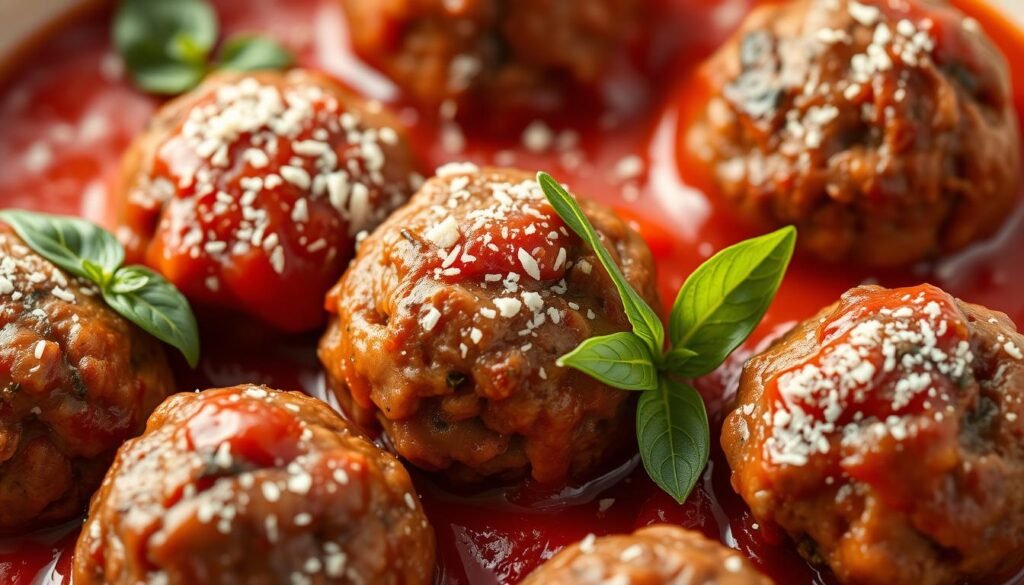 A close-up shot of delectable lamb meatballs, glistening with a rich tomato sauce. The meatballs are perfectly spherical, their golden-brown exteriors contrasting with the vibrant crimson sauce that pools around them. Sprigs of fresh basil and a light dusting of Parmesan cheese add depth and complexity to the composition. Warm, soft lighting illuminates the dish, creating a cozy, inviting atmosphere. The camera angle is slightly elevated, allowing the viewer to appreciate the intricate textures and layers of this creative ground lamb dish.
