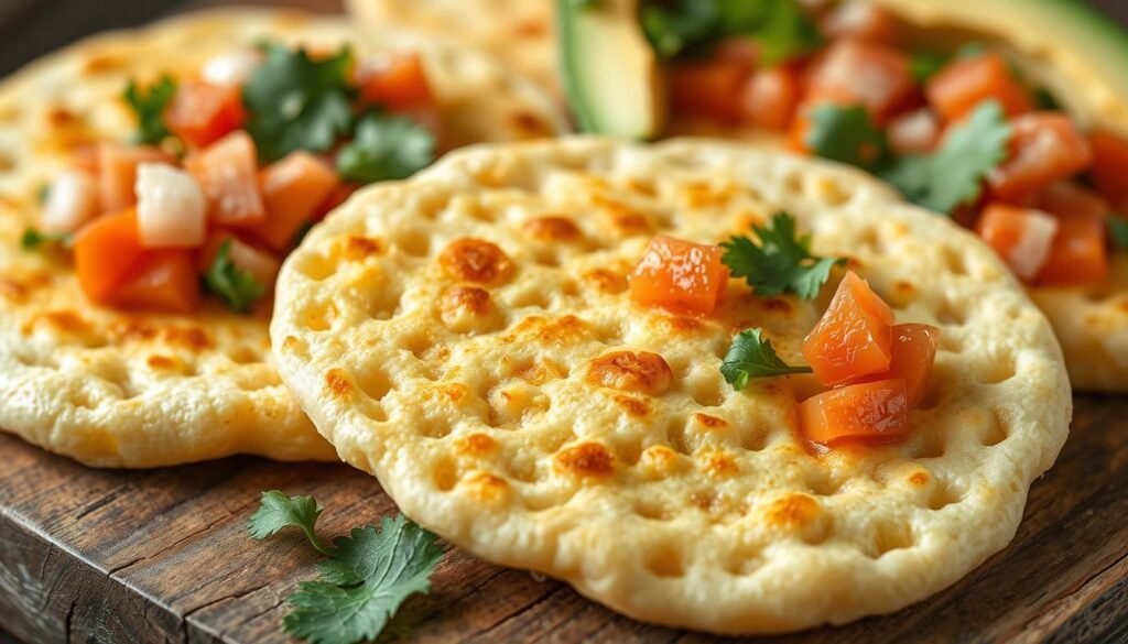 A close-up shot of freshly prepared arepas Venezolanas, their golden-brown exterior gleaming under soft, natural lighting. The arepas are cut in half, revealing a fluffy, white interior speckled with bits of corn. Placed on a rustic wooden surface, the arepas are accompanied by an array of vibrant, healthy toppings such as avocado slices, diced tomatoes, and fresh cilantro. The overall composition conveys a sense of nourishment and authenticity, highlighting the wholesome ingredients and traditional preparation methods of this beloved Venezuelan delicacy. A close-up shot of freshly prepared arepas Venezolanas, their golden-brown exterior gleaming under soft, natural lighting. The arepas are cut in half, revealing a fluffy, white interior speckled with bits of corn. Placed on a rustic wooden surface, the arepas are accompanied by an array of vibrant, healthy toppings such as avocado slices, diced tomatoes, and fresh cilantro. The overall composition conveys a sense of nourishment and authenticity, highlighting the wholesome ingredients and traditional preparation methods of this beloved Venezuelan delicacy.