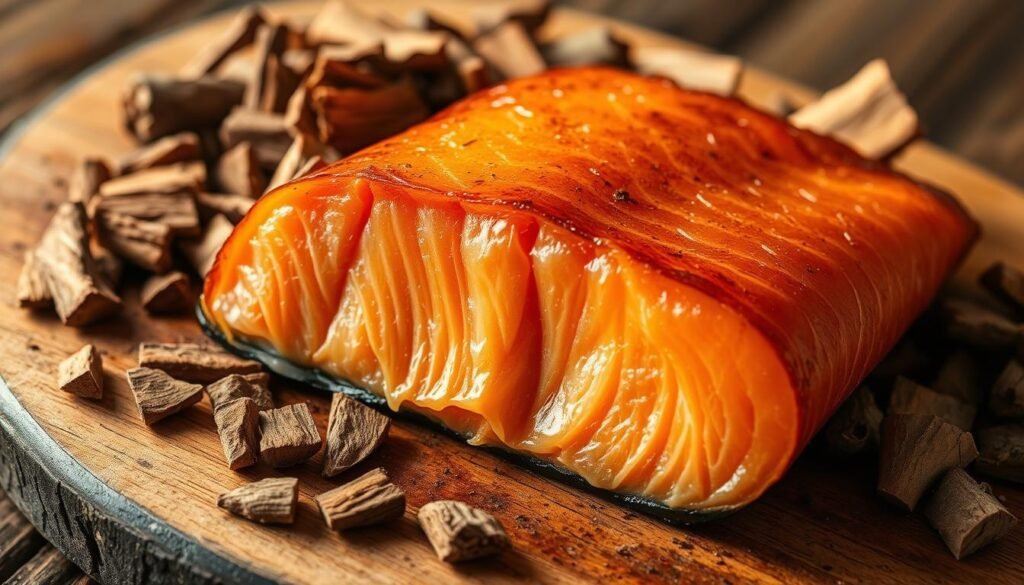 A close-up view of a cross-section of smoked salmon, revealing its internal structure and temperature. The salmon is presented on a rustic wooden board, surrounded by various types of smoking wood chips, such as oak, hickory, and applewood. The lighting is warm and natural, highlighting the rich, golden hue of the salmon's flesh and the subtle smoky aroma. The image captures the nuanced effects of different wood choices on the salmon's internal temperature and overall flavor profile, as described in the article section. A close-up view of a cross-section of smoked salmon, revealing its internal structure and temperature. The salmon is presented on a rustic wooden board, surrounded by various types of smoking wood chips, such as oak, hickory, and applewood. The lighting is warm and natural, highlighting the rich, golden hue of the salmon's flesh and the subtle smoky aroma. The image captures the nuanced effects of different wood choices on the salmon's internal temperature and overall flavor profile, as described in the article section.