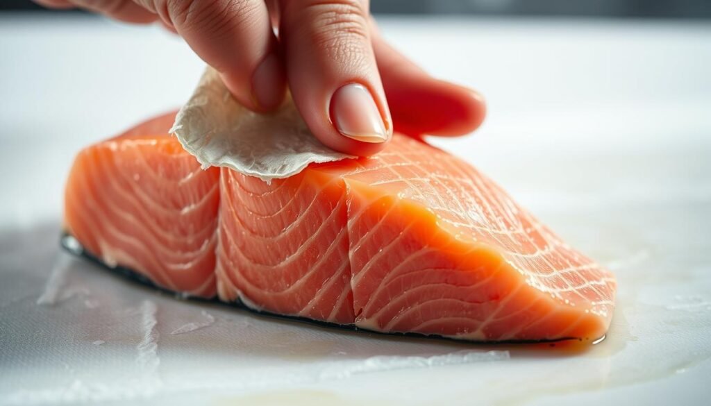 A close-up view of a hand gently peeling off the skin from a fresh salmon fillet, revealing the soft, pink flesh underneath. The skin is carefully pulled away, exposing the intricate texture and natural oils of the fish. The scene is illuminated by soft, diffused lighting, casting subtle shadows and highlights to accentuate the delicate process. The background is blurred, allowing the viewer to focus solely on the task at hand, creating a sense of focus and attention to detail. The overall mood is one of precision and care, highlighting the importance of this step in preparing the salmon for further culinary uses.