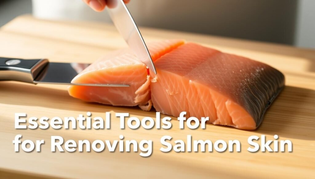 A close-up view of a salmon fillet being carefully skinned with a sharp fillet knife. The salmon is resting on a clean, wooden cutting board, illuminated by soft, natural lighting from the side. The fillet is positioned to showcase the intricate process of peeling away the delicate skin, revealing the succulent, pink flesh underneath. The knife's blade glides smoothly along the skin, creating a clean, seamless separation. The scene exudes a sense of precision, culinary expertise, and attention to detail, perfectly capturing the "Essential Tools for Removing Salmon Skin" section.
