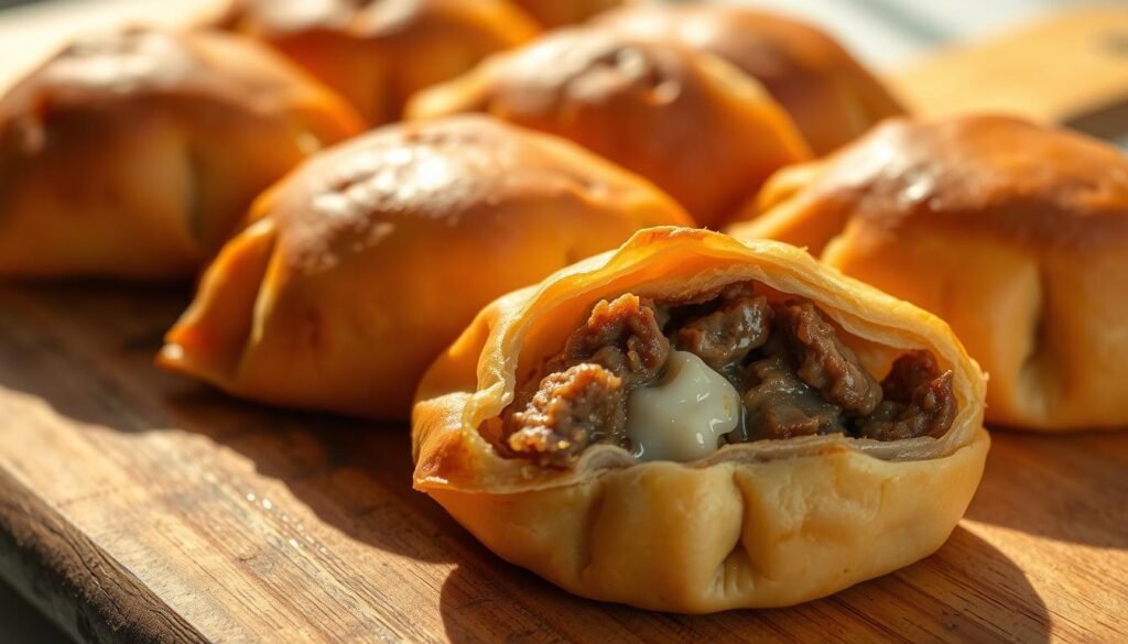 A close-up view of freshly baked piroshki, golden-brown and crisp on the outside, with a savory beef and cheese filling oozing from the soft, pillowy dough. The piroshki are arranged on a rustic wooden board, illuminated by warm, natural lighting that casts soft shadows and highlights the delicate texture of the pastry. The background is slightly blurred, allowing the piroshki to take center stage and showcasing their mouthwatering appeal. The overall mood is one of homemade comfort and culinary delight, inviting the viewer to imagine the flavors and aromas of this traditional Eastern European delicacy.
