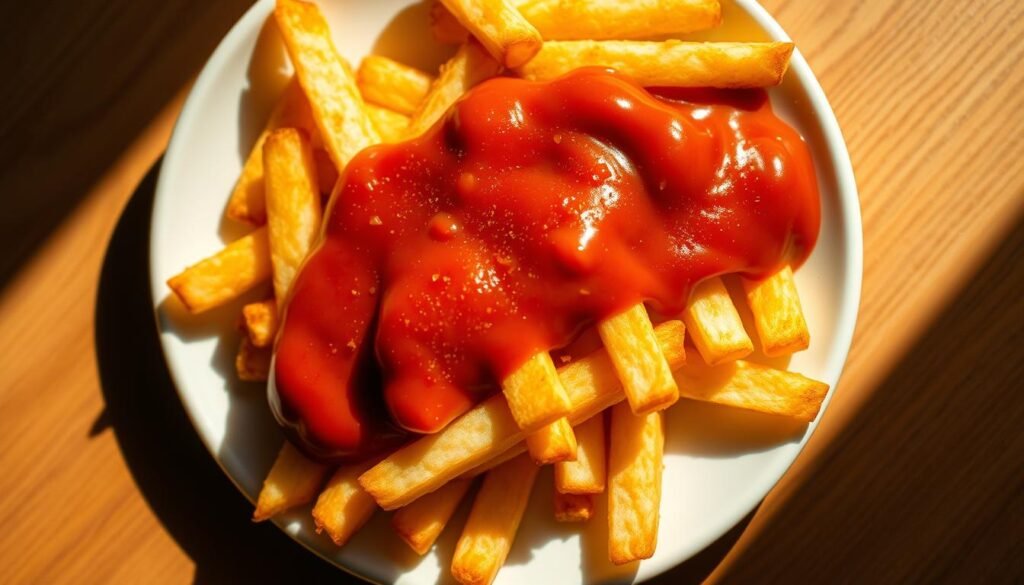 A crisp, golden-brown pile of freshly cut fries sits on a white ceramic plate, glistening with a thick, aromatic layer of curry-infused ketchup. The ketchup's deep, reddish-brown hue is punctuated by hints of warm spices, creating a tantalizing contrast against the fries' lighter tones. The lighting is soft and natural, casting gentle shadows that accentuate the textural details of the dish. The composition is centered, allowing the viewer to focus on the interplay between the fries and the curry ketchup, which appears to have a glossy, inviting sheen. The overall mood is one of comforting familiarity elevated by the unexpected twist of curry, promising a flavor profile that is both familiar and distinctly unique. A crisp, golden-brown pile of freshly cut fries sits on a white ceramic plate, glistening with a thick, aromatic layer of curry-infused ketchup. The ketchup's deep, reddish-brown hue is punctuated by hints of warm spices, creating a tantalizing contrast against the fries' lighter tones. The lighting is soft and natural, casting gentle shadows that accentuate the textural details of the dish. The composition is centered, allowing the viewer to focus on the interplay between the fries and the curry ketchup, which appears to have a glossy, inviting sheen. The overall mood is one of comforting familiarity elevated by the unexpected twist of curry, promising a flavor profile that is both familiar and distinctly unique.