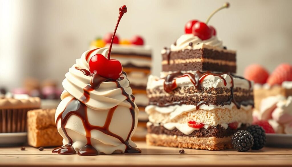 A delectable array of mouthwatering desserts set against a softly blurred background. In the foreground, an inviting ice cream sundae with a scoop of rich, creamy vanilla ice cream, drizzled with decadent chocolate sauce and topped with a perfect, plump cherry. Beside it, a slice of indulgent Italian tiramisu, with its layers of coffee-soaked ladyfingers and velvety mascarpone cream. In the middle ground, a towering slice of irresistible ice cream cake, its layers of fluffy sponge and vibrant fruit compote creating a visually stunning and delicious treat. Softly lit from above, these incredible desserts starting with the letter 'I' emanate a cozy, inviting atmosphere, beckoning the viewer to indulge in their sweet, creamy goodness.