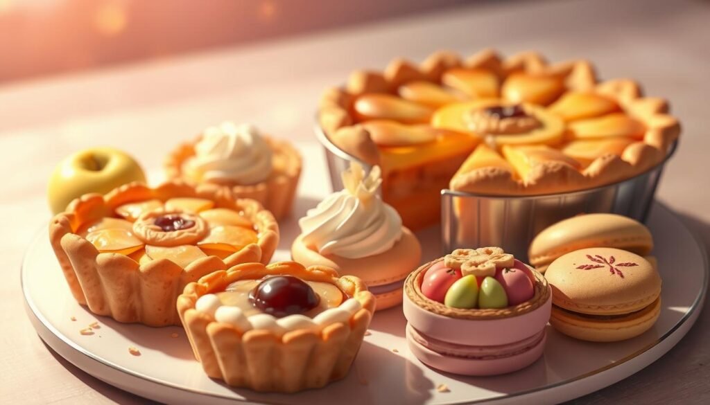 A delectable assortment of artfully arranged apple pie, almond tarts, and assorted macarons, bathed in warm, ambient lighting and set against a soft, blurred background, capturing the essence of decadent desserts that delight the senses and tantalize the palate.