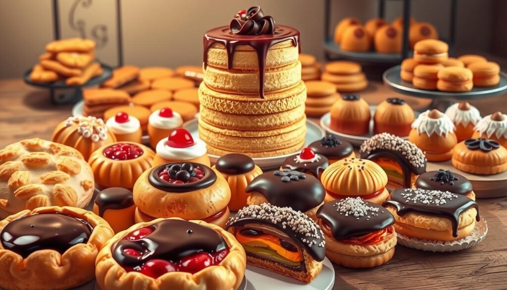 A delectable assortment of gourmet desserts and sweet treats, captured in a warm, inviting composition. In the foreground, a tempting spread of golden, flaky Galettes, decadent Ganache-filled éclairs, and vibrant, jewel-toned Glazed fruit tarts. The middle ground features a towering Génoise sponge cake, its light and airy layers crowned with a silky, glossy Ganache frosting. In the background, a selection of Gingerbread cookies, Madeleines, and Profiteroles, all elegantly arranged on a rustic wooden table. Soft, diffused lighting casts a gentle glow, highlighting the rich colors and textures of these delightful G-named desserts.