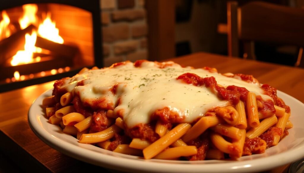 A delectable seasonal baked ziti dish from Maggiano's, presented in a warm, rustic setting. A bountiful casserole, its layers of al dente pasta, rich tomato sauce, and melted mozzarella cheese captured in mouthwatering detail. Warm lighting from a nearby fireplace casts a cozy glow, accentuating the dish's inviting aroma and texture. In the background, a wooden table is set with a simple, yet elegant table setting, hinting at the care and attention to quality that Maggiano's is known for. The overall scene evokes a sense of comfort and indulgence, perfectly capturing the essence of this beloved seasonal specialty. A delectable seasonal baked ziti dish from Maggiano's, presented in a warm, rustic setting. A bountiful casserole, its layers of al dente pasta, rich tomato sauce, and melted mozzarella cheese captured in mouthwatering detail. Warm lighting from a nearby fireplace casts a cozy glow, accentuating the dish's inviting aroma and texture. In the background, a wooden table is set with a simple, yet elegant table setting, hinting at the care and attention to quality that Maggiano's is known for. The overall scene evokes a sense of comfort and indulgence, perfectly capturing the essence of this beloved seasonal specialty.