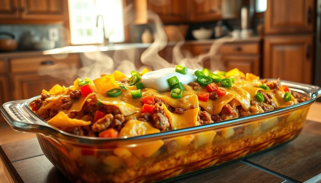 A delicious casserole dish with a hearty mix of ground beef, melted cheese, diced tomatoes, and crispy corn tortilla chips. The casserole is set against a rustic, sun-drenched kitchen backdrop, with wooden cabinets and a tiled floor. Warm, natural lighting bathes the scene, creating a cozy, inviting atmosphere. The casserole is served in a large, shallow baking dish, steam rising from the bubbling, golden-brown topping. Garnished with chopped cilantro, sliced jalapeños, and a dollop of sour cream, the dish is a mouthwatering fusion of Mexican flavors and down-home comfort. The scene evokes a sense of homey, family-style dining, perfect for customizing and enjoying this beloved "white trash" casserole.