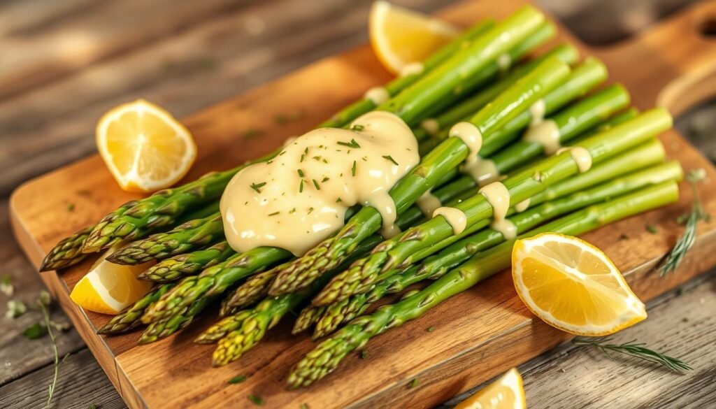 A delightful spring scene featuring a vibrant arrangement of fresh asparagus spears, gently steamed and drizzled with a luscious hollandaise sauce. The asparagus is beautifully presented on a rustic wooden cutting board, surrounded by a scattering of lemon wedges and a sprinkling of fragrant herbs. Soft, natural lighting casts a warm glow, highlighting the tender texture of the asparagus and the rich, creamy sauce. The overall composition evokes a sense of simplicity and celebration of the season's finest produce.