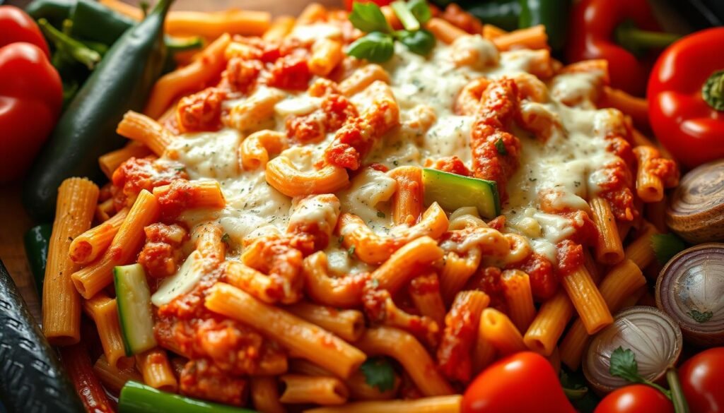 A generous, homemade baked ziti casserole, fresh from the oven, surrounded by a medley of vibrant vegetables. The pasta is perfectly al dente, blanketed in a rich, creamy tomato sauce and melted mozzarella. Tender zucchini, bell peppers, and onions add pops of color and texture, complementing the comforting, cheesy layers. Gentle natural lighting casts a warm glow, highlighting the dish's inviting aroma and homestyle appeal. The scene conveys a sense of cozy, wholesome nourishment, perfect for personalizing and sharing with loved ones. A generous, homemade baked ziti casserole, fresh from the oven, surrounded by a medley of vibrant vegetables. The pasta is perfectly al dente, blanketed in a rich, creamy tomato sauce and melted mozzarella. Tender zucchini, bell peppers, and onions add pops of color and texture, complementing the comforting, cheesy layers. Gentle natural lighting casts a warm glow, highlighting the dish's inviting aroma and homestyle appeal. The scene conveys a sense of cozy, wholesome nourishment, perfect for personalizing and sharing with loved ones.