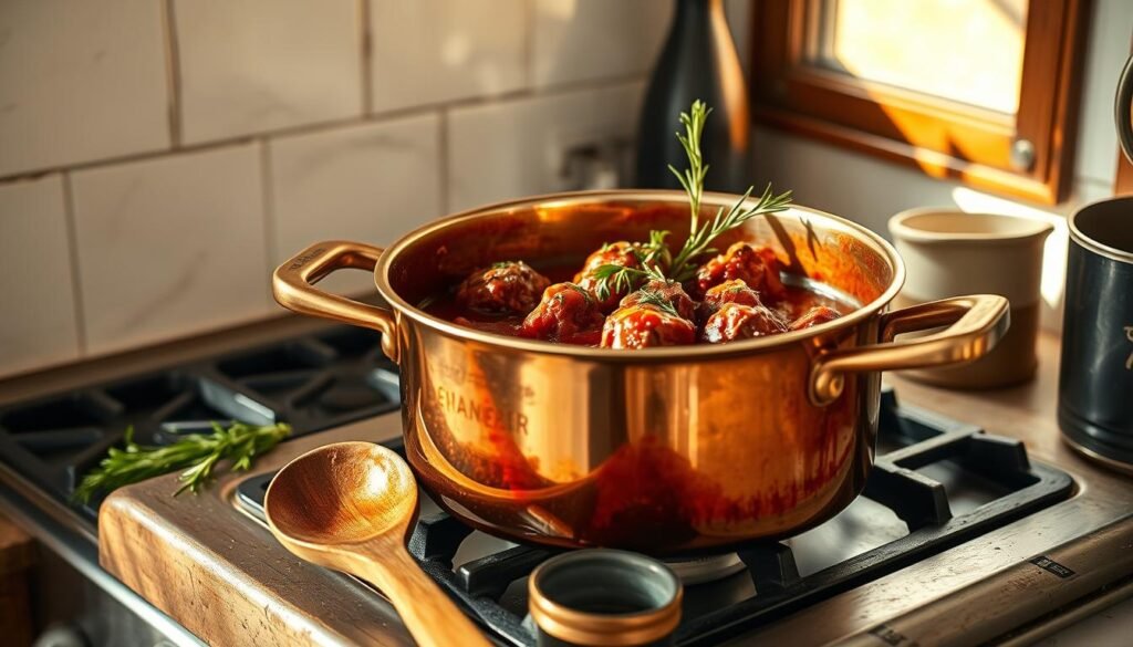 A gleaming copper pot simmers on a rustic stove, filled with a rich, burgundy-hued lamb ragu. Savory aromas of rosemary, garlic, and red wine waft through the air, creating a cozy, homey atmosphere. Freshly chopped herbs and a drizzle of olive oil add vibrant pops of color and texture to the slowly bubbling sauce. The light from a nearby window casts a warm, golden glow, illuminating the simmering dish and the weathered kitchen counter it rests upon. In the foreground, a wooden spoon stands ready, poised to stir and taste the slowly developing flavors of this traditional Abruzzese dish.