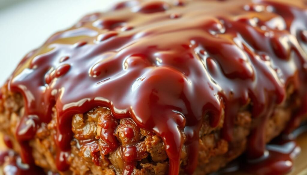 A glistening, thick glaze coating a freshly baked meatloaf, the surface shimmering under warm, golden lighting. The glaze, a rich, mahogany hue, has a glossy, sticky-sweet texture, dripping seductively down the sides of the loaf. Fragrant notes of brown sugar, worcestershire, and tomato mingle in the air, promising a deeply savory, umami-packed flavor. The meatloaf is showcased in a tight, close-up shot, the glaze taking center stage, highlighting its alluring sheen and enticing appearance. The backdrop is a clean, neutral setting, allowing the meatloaf to be the sole focus, drawing the viewer's eye to its tempting, gourmet presentation.