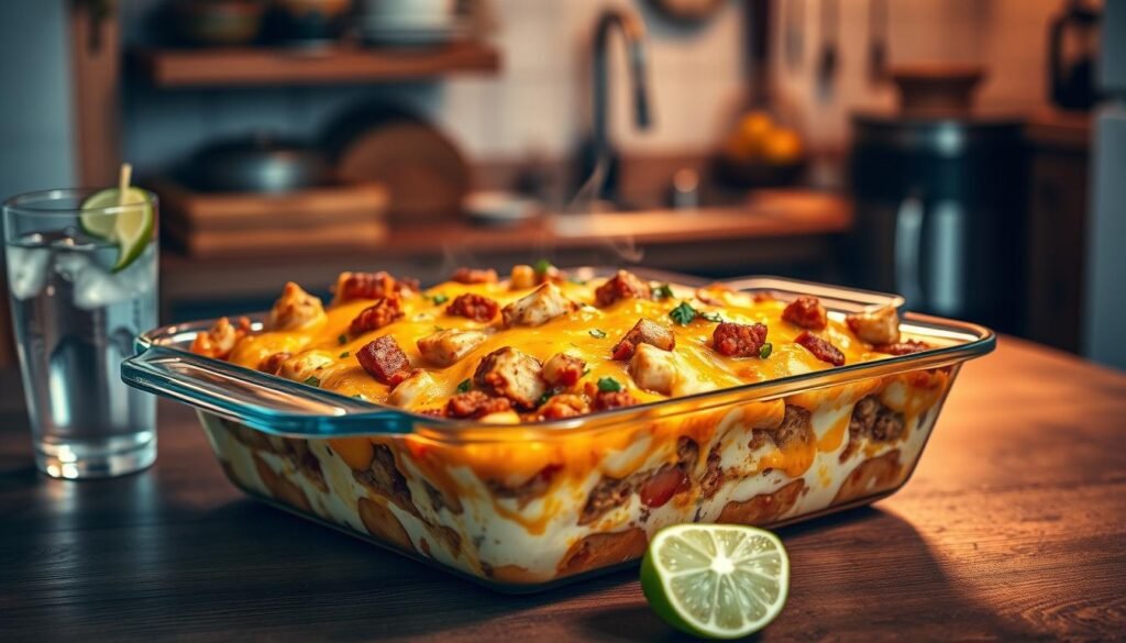 A hearty Mexican white trash casserole, brimming with layers of cheesy goodness, tender chicken, spicy chorizo, and fragrant vegetables. The casserole dish sits atop a simple wooden table, illuminated by soft, warm lighting that casts a comforting glow. In the background, a modest kitchen interior with rustic, weathered elements provides a homey, budget-friendly setting. The casserole's steam rises, hinting at the inviting aroma and the satisfying meal-prep experience it represents. A glass of iced water and a fresh lime wedge complete the scene, reflecting the casserole's refreshing and budget-conscious nature.