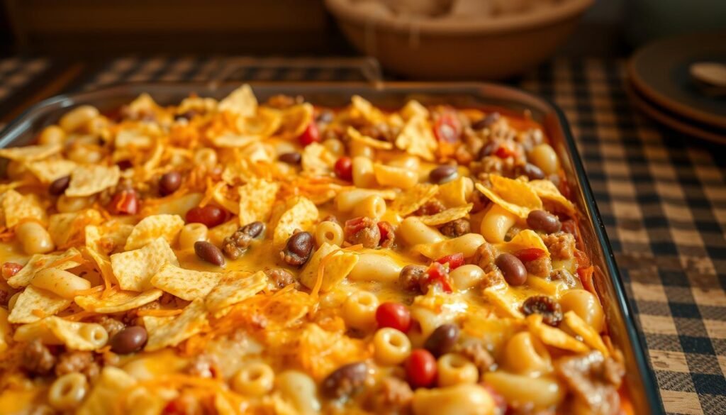 A hearty, bubbling Tex-Mex casserole, straight from a down-to-earth family kitchen. In the foreground, a crispy golden-brown topping of melted cheese and crushed tortilla chips, concealing layers of ground beef, pinto beans, diced tomatoes, and aromatic spices. The middle ground reveals tender elbow macaroni nestled in the savory mixture, while the background hints at a simple, homey setting - perhaps a worn, wooden table with a checkered tablecloth. Warm, natural lighting casts a comforting glow, inviting the viewer to imagine the satisfying flavors and textures of this beloved family dish.