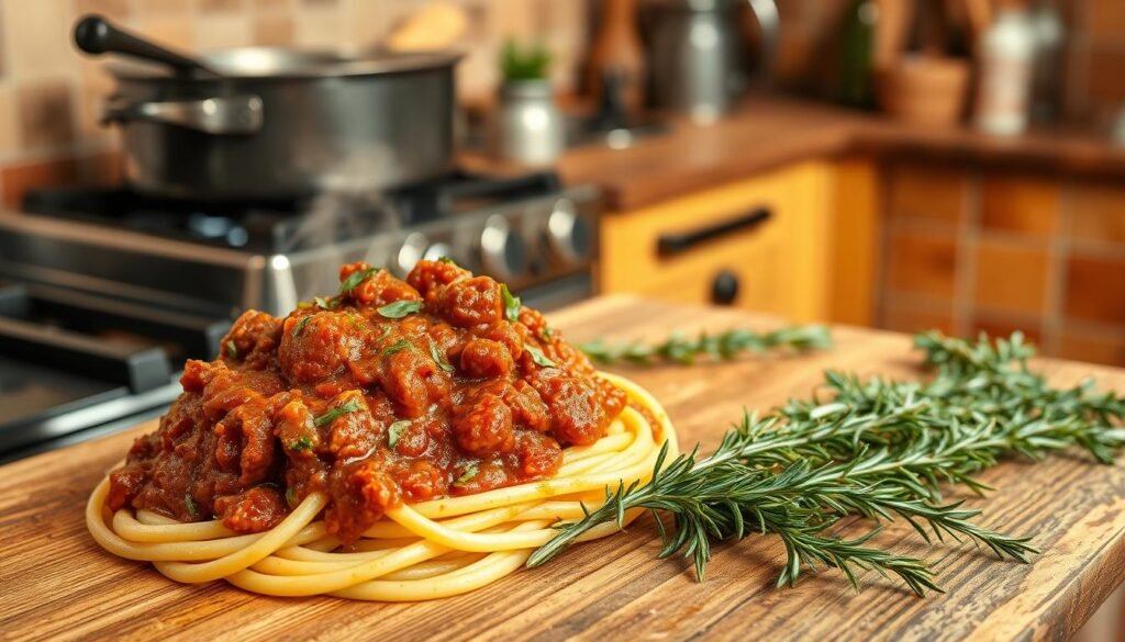 A hearty lamb ragu simmers on the stove, the rich aroma of rosemary filling the air. In the foreground, a mound of steaming pasta nests the robust sauce, flecked with fresh herbs and glistening with olive oil. The middle ground reveals a wooden cutting board, scattered with sprigs of fragrant rosemary, their deep green leaves contrasting against the weathered surface. In the background, a glimpse of a rustic Italian kitchen, with terracotta tiles and a vintage utensil rack. The lighting is warm and inviting, creating a cozy, homespun atmosphere that evokes the comforts of the Abruzzo region.