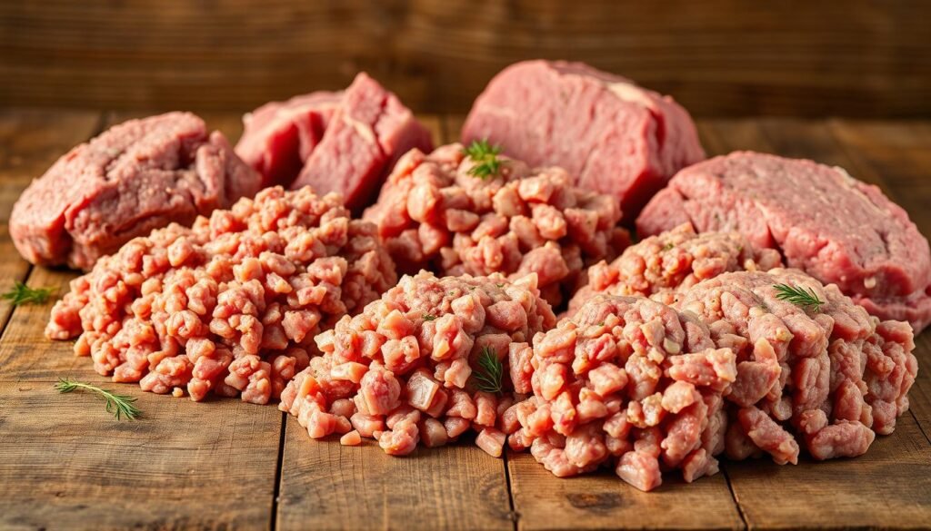 A high-quality, detailed image of various types of ground lamb arranged on a rustic wooden surface. The lamb is displayed in different shapes and colors, showcasing its versatility. The foreground features close-up shots of the ground lamb, allowing the viewer to examine its texture and consistency. The middle ground includes larger portions of the different lamb varieties, such as lean, regular, and seasoned. The background has a natural, earthy tone, with subtle lighting that accentuates the rich hues of the lamb. The overall composition conveys a sense of culinary expertise and the care required when selecting the right ground lamb for a delicious recipe.