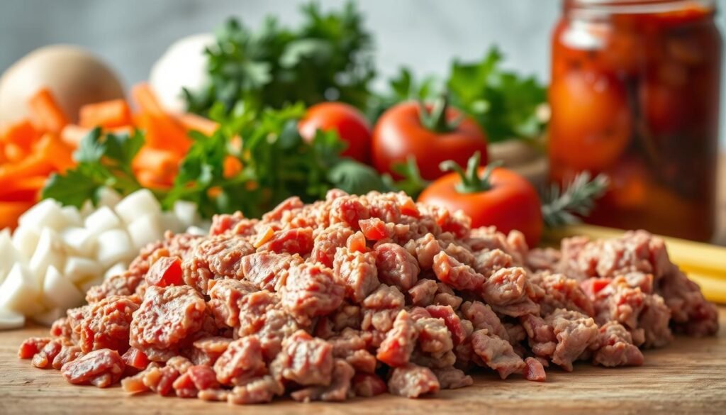 A high-quality still life arrangement of the key ingredients for Brisket Bolognese, shot in soft, natural lighting with a shallow depth of field. In the foreground, a pile of freshly ground beef brisket, its rich, marbled texture evident. Behind it, a selection of aromatic vegetables - onions, carrots, celery - neatly chopped. In the midground, a bundle of fresh herbs - parsley, basil, oregano - their verdant colors vibrant. In the background, a glass jar of San Marzano tomatoes, their deep red hue visible through the glass. The overall scene conveys the rustic, homemade nature of this hearty, flavorful pasta dish. A high-quality still life arrangement of the key ingredients for Brisket Bolognese, shot in soft, natural lighting with a shallow depth of field. In the foreground, a pile of freshly ground beef brisket, its rich, marbled texture evident. Behind it, a selection of aromatic vegetables - onions, carrots, celery - neatly chopped. In the midground, a bundle of fresh herbs - parsley, basil, oregano - their verdant colors vibrant. In the background, a glass jar of San Marzano tomatoes, their deep red hue visible through the glass. The overall scene conveys the rustic, homemade nature of this hearty, flavorful pasta dish.