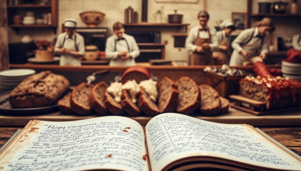 A history of meatloaf, from its humble origins to its modern-day iterations. In the foreground, a vintage recipe book opens to reveal handwritten notes and stained pages, hinting at the dish's evolution over time. In the middle ground, a series of meatloaf through the ages - from the simple, rustic loaves of the past to the more elaborate, cheese-stuffed versions of today. The background features a collage of historic kitchen scenes, with chefs and homemakers preparing the beloved dish in various eras, set against a warm, sepia-toned palette. Soft, natural lighting illuminates the scene, creating a nostalgic, timeless atmosphere.