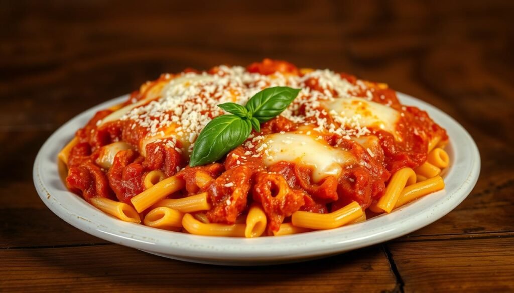 A homemade baked ziti dish, fresh from the oven, sits atop a rustic wooden table. The pasta is perfectly al dente, smothered in a rich, tomato-based sauce and layers of melted mozzarella cheese. Sprigs of fragrant basil and a light dusting of grated Parmesan adorn the surface, adding a vibrant pop of color. Soft, golden-brown edges peek out from the center, hinting at the crispy, bubbly texture. Warm, ambient lighting casts a cozy glow, creating an inviting and comforting atmosphere, just like the classic Maggiano's dish. A simple, yet mouthwatering scene that captures the essence of homemade baked ziti perfection.