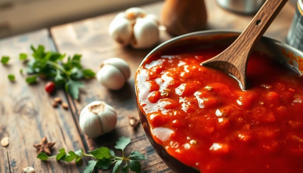 A homemade crazy sauce simmers on a rustic wooden table, its vibrant hue gleaming under natural lighting. The sauce is thick and glossy, with a hint of garlic and spice. In the foreground, a wooden spoon rests in the sauce, while fresh herbs and spices are scattered around, hinting at the flavorful ingredients. The background features a simple, uncluttered kitchen setting, with a neutral color palette that allows the sauce to take center stage. The overall mood is one of homemade comfort and culinary expertise, perfectly capturing the essence of the "Tips for the Perfect Crazy Sauce" section. A homemade crazy sauce simmers on a rustic wooden table, its vibrant hue gleaming under natural lighting. The sauce is thick and glossy, with a hint of garlic and spice. In the foreground, a wooden spoon rests in the sauce, while fresh herbs and spices are scattered around, hinting at the flavorful ingredients. The background features a simple, uncluttered kitchen setting, with a neutral color palette that allows the sauce to take center stage. The overall mood is one of homemade comfort and culinary expertise, perfectly capturing the essence of the "Tips for the Perfect Crazy Sauce" section.