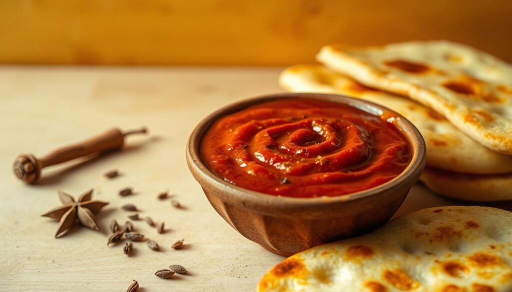 A homemade curry ketchup in a rustic, earthenware bowl, set against a warm, golden-toned background. The ketchup is a rich, deep red color, with visible flecks of spices and herbs. The texture is slightly thickened, hinting at the depth of flavor. Surrounding the bowl are a few whole spices, like cumin seeds and dried chili peppers, as well as a small stack of toasted, golden-brown naan bread. The overall scene evokes a cozy, artisanal kitchen, with a focus on the handcrafted nature of the curry ketchup. The lighting is soft and diffused, casting gentle shadows and highlighting the textural elements. The composition is balanced and visually appealing, inviting the viewer to imagine the rich, aromatic flavors of this homemade condiment. A homemade curry ketchup in a rustic, earthenware bowl, set against a warm, golden-toned background. The ketchup is a rich, deep red color, with visible flecks of spices and herbs. The texture is slightly thickened, hinting at the depth of flavor. Surrounding the bowl are a few whole spices, like cumin seeds and dried chili peppers, as well as a small stack of toasted, golden-brown naan bread. The overall scene evokes a cozy, artisanal kitchen, with a focus on the handcrafted nature of the curry ketchup. The lighting is soft and diffused, casting gentle shadows and highlighting the textural elements. The composition is balanced and visually appealing, inviting the viewer to imagine the rich, aromatic flavors of this homemade condiment.