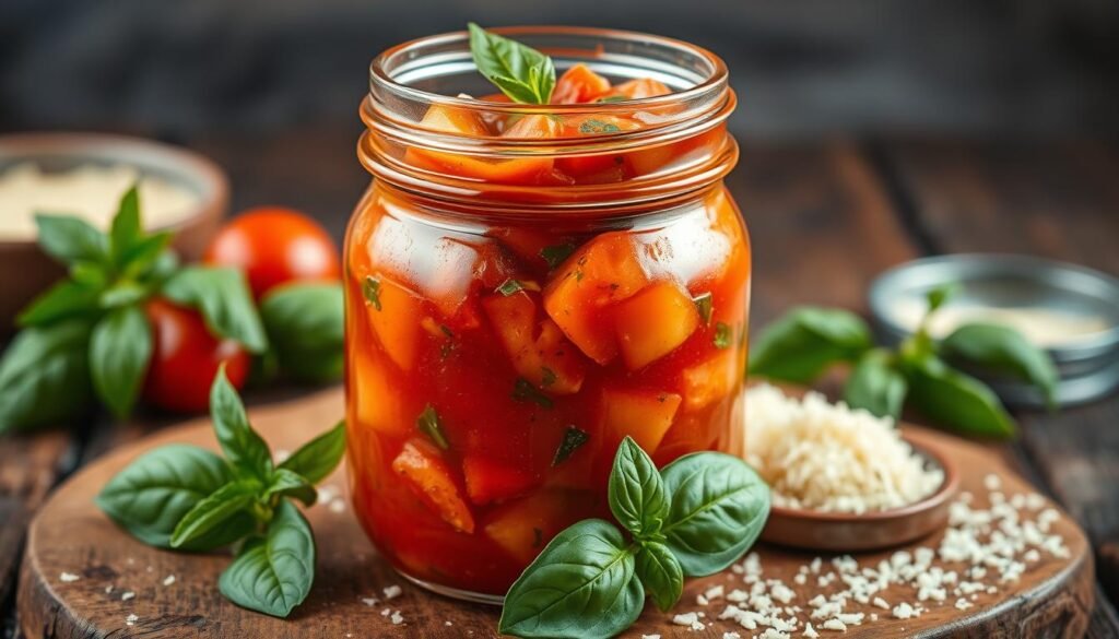 A homemade glass jar filled with a rich, vibrant red sauce, its surface glistening with a glossy sheen. Chunks of ripe tomatoes, aromatic herbs, and a hint of garlic mingle together, creating a tantalizing aroma that fills the air. The jar is set on a rustic wooden table, surrounded by fresh basil leaves and a sprinkle of grated parmesan cheese. Soft, indirect lighting casts a warm, inviting glow, highlighting the textural details of the sauce and the simple, yet elegant presentation. The overall mood conveys a sense of homemade comfort and culinary satisfaction. A homemade glass jar filled with a rich, vibrant red sauce, its surface glistening with a glossy sheen. Chunks of ripe tomatoes, aromatic herbs, and a hint of garlic mingle together, creating a tantalizing aroma that fills the air. The jar is set on a rustic wooden table, surrounded by fresh basil leaves and a sprinkle of grated parmesan cheese. Soft, indirect lighting casts a warm, inviting glow, highlighting the textural details of the sauce and the simple, yet elegant presentation. The overall mood conveys a sense of homemade comfort and culinary satisfaction.