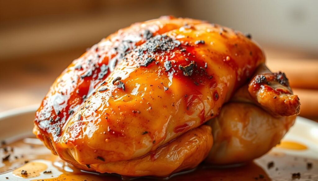 A juicy, golden-brown oven-baked chicken breast with a crisp, lacquered skin glistens under warm, soft lighting. The bone-in cut stands prominently in the foreground, revealing its tender, succulent flesh. Herbs and spices cling to the surface, hinting at the aromatic flavors within. The chicken is set against a simple, minimalist backdrop, allowing it to be the star of the composition. The scene conveys a sense of rustic elegance, perfectly capturing the essence of a delicious, home-cooked meal.
